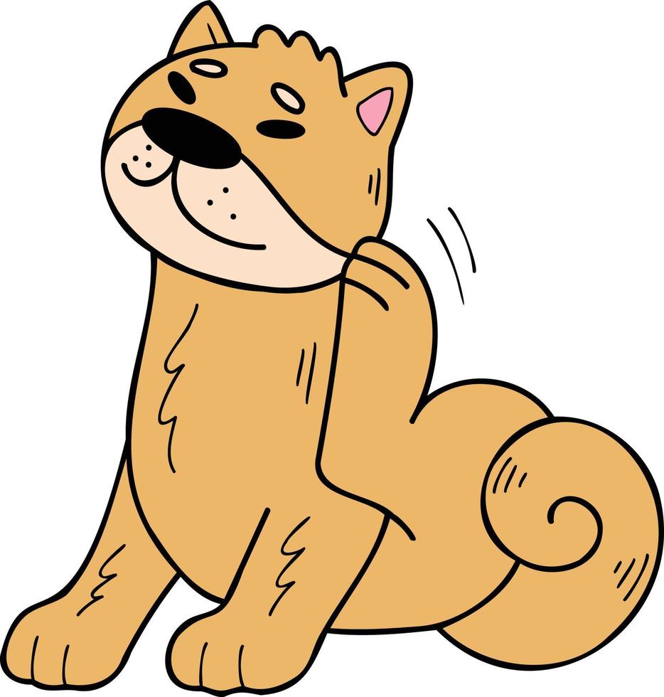 perro shiba inu dibujado a mano ilustración de pelo rascándose en estilo garabato vector