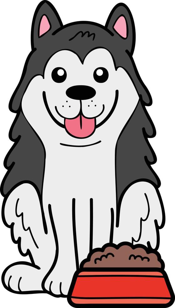 perro husky dibujado a mano con ilustración de comida en estilo garabato vector