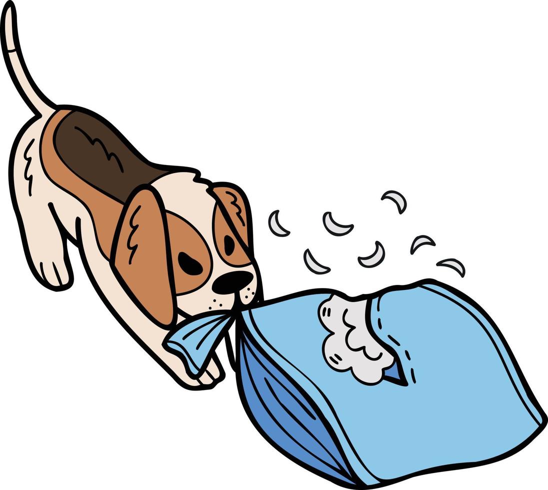 dibujado a mano perro beagle mordiendo almohada ilustración en estilo doodle vector