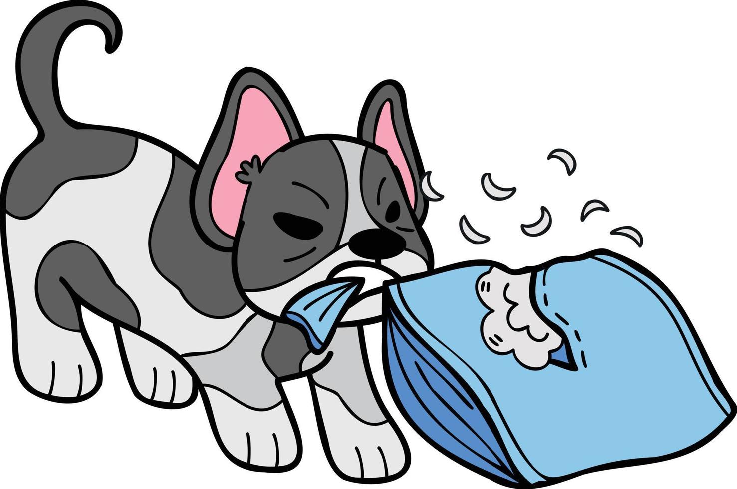 Hand Drawn French bulldog biting pillow illustration in doodle style vector