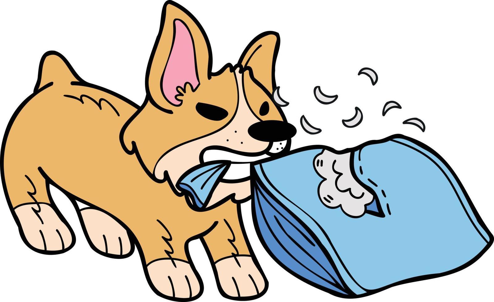 dibujado a mano perro corgi mordiendo almohada ilustración en estilo doodle vector