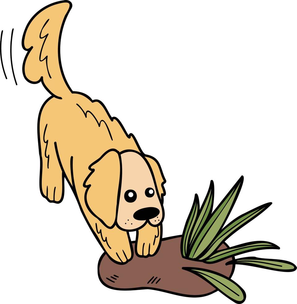 Hand Drawn Golden retriever Dog digging illustration in doodle style vector