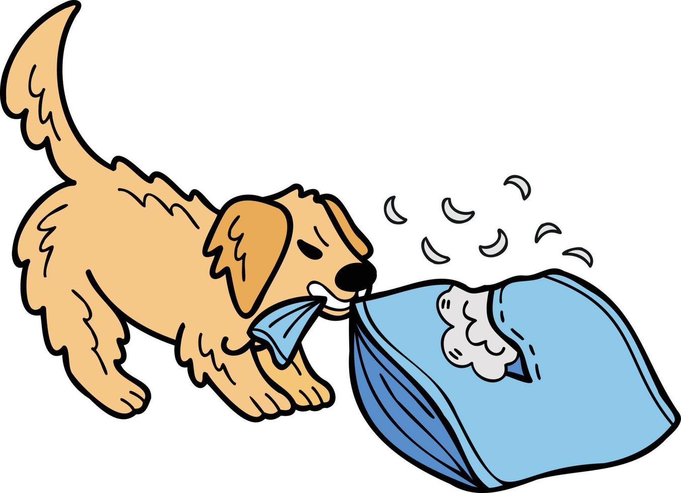 Hand Drawn Golden retriever Dog biting pillow illustration in doodle style vector