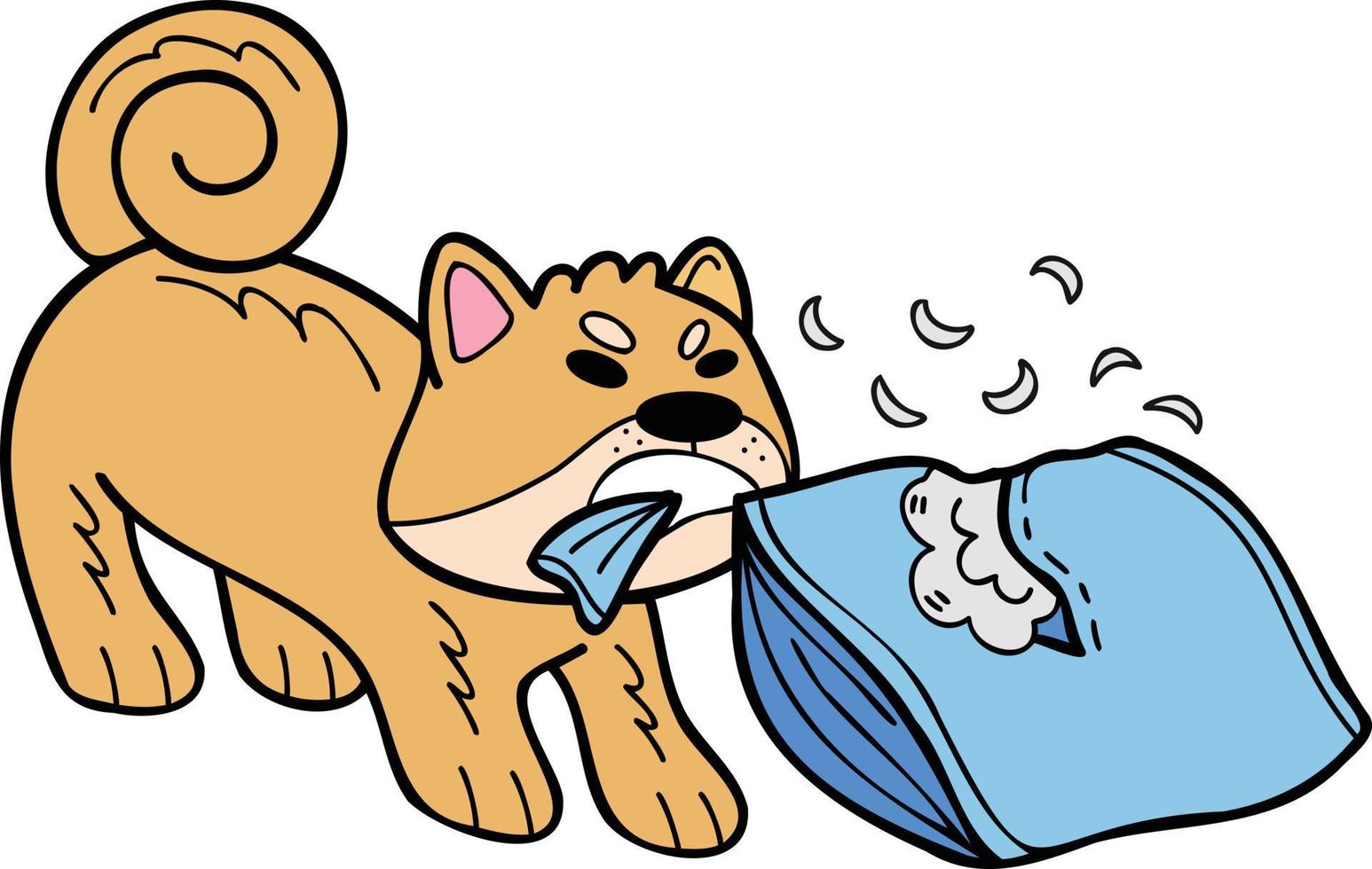 Hand Drawn Shiba Inu Dog biting pillow illustration in doodle style vector