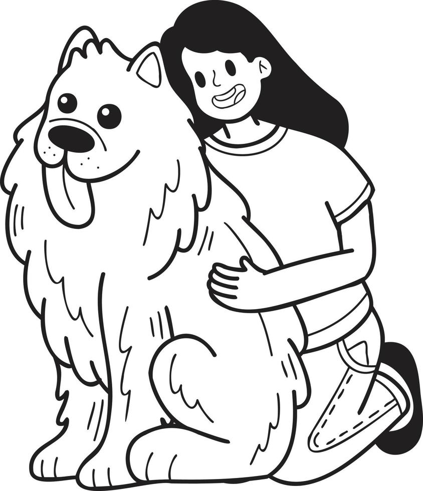 perro samoyedo dibujado a mano abrazado por la ilustración del propietario en estilo garabato vector