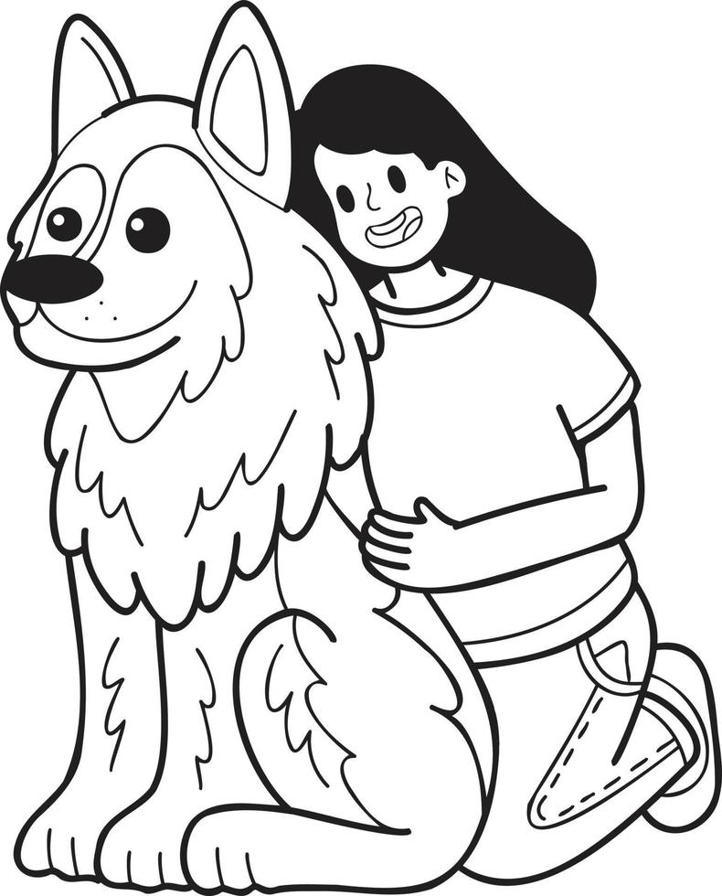 perro pastor alemán dibujado a mano abrazado por la ilustración del propietario en estilo garabato vector