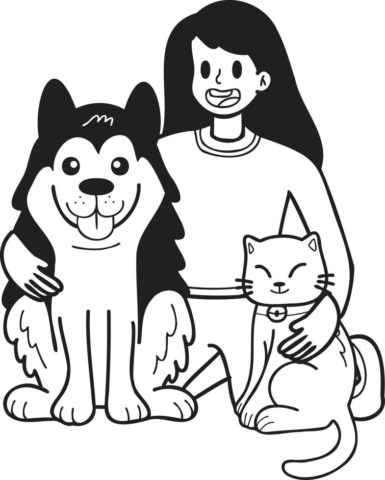 perro husky dibujado a mano con ilustración de gato y propietario en estilo garabato vector