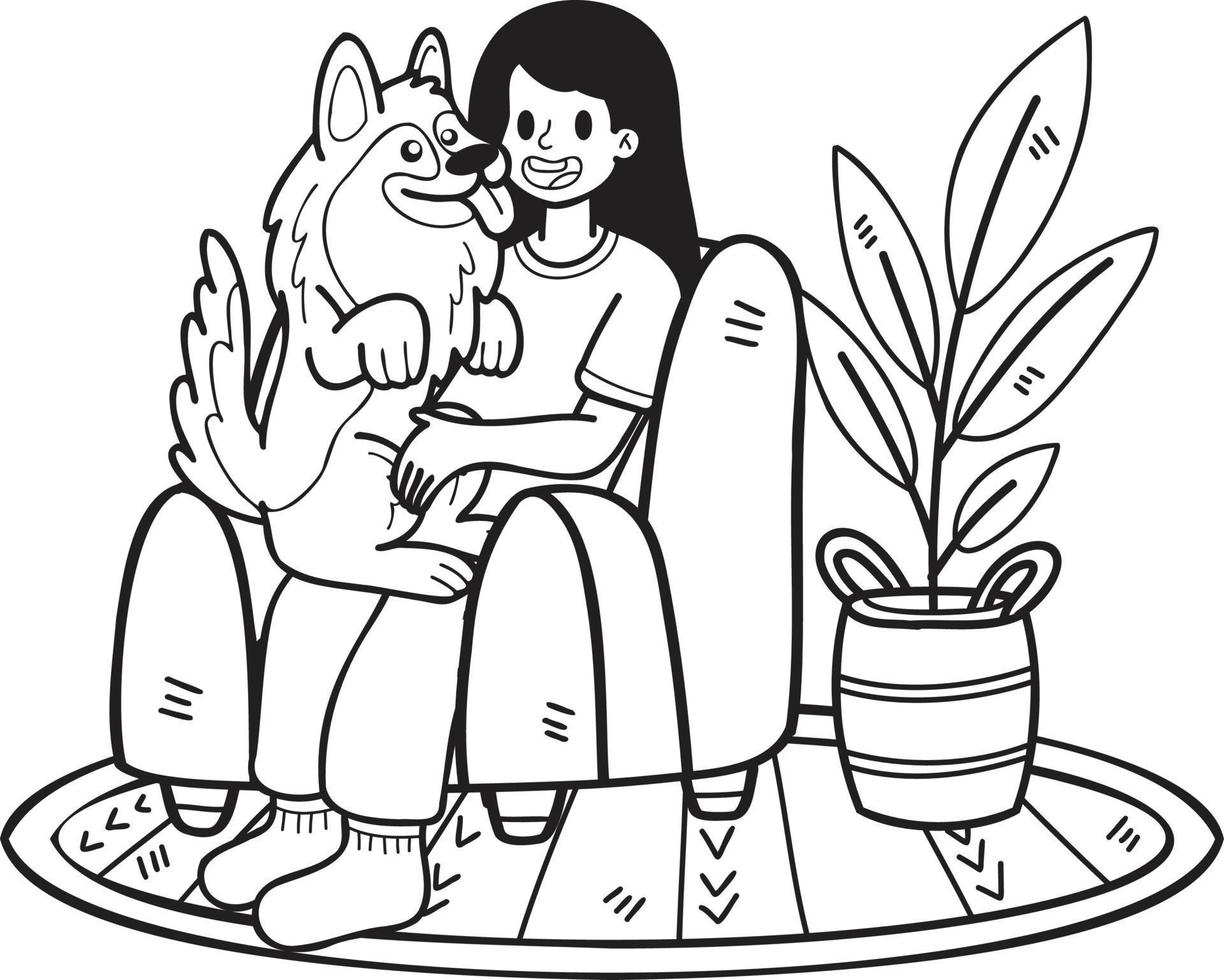 Hand Drawn German Shepherd Dog hugged by owner illustration in doodle style vector