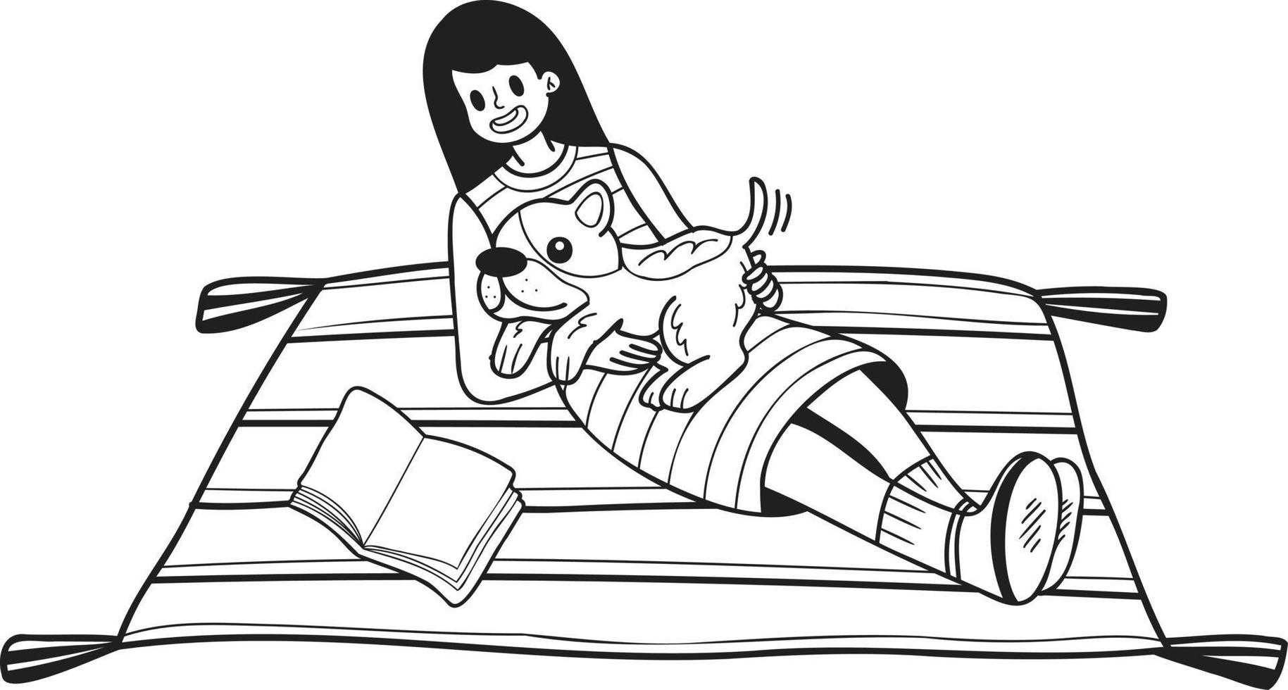 bulldog francés dibujado a mano abrazado por la ilustración del propietario en estilo garabato vector