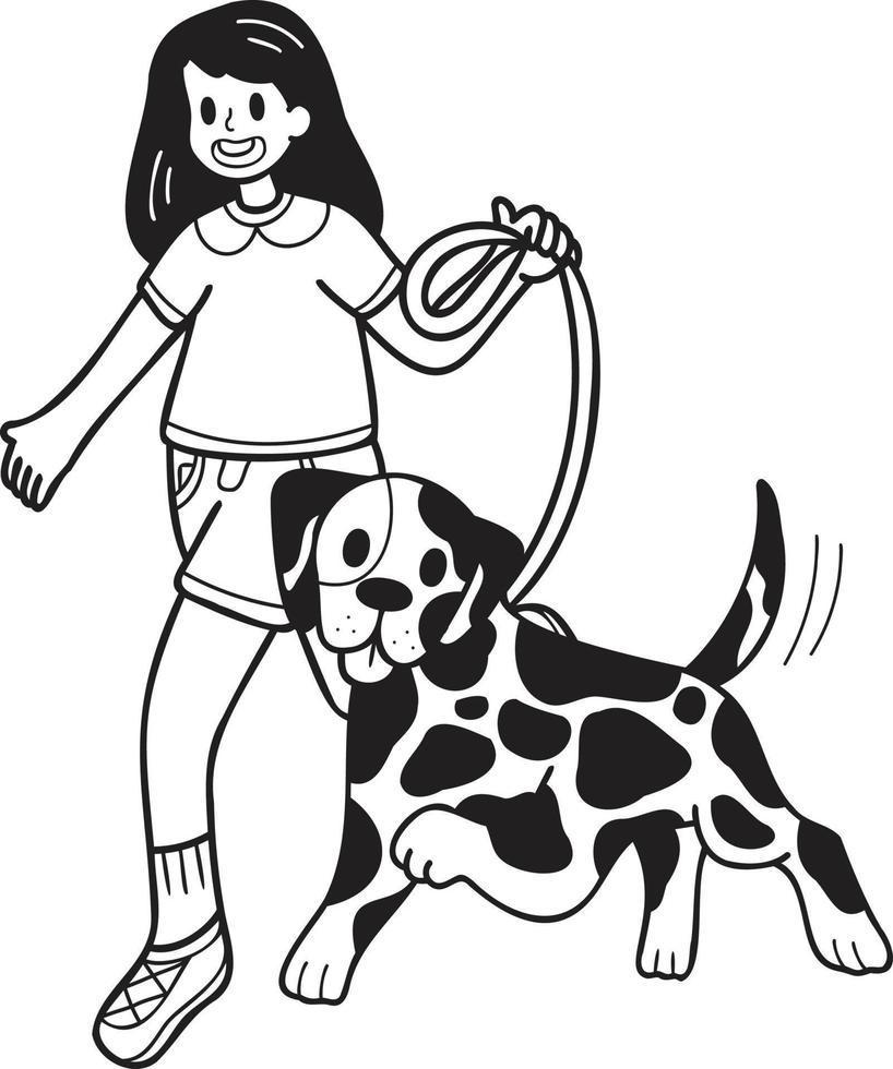 Hand Drawn Dalmatian Dog walking with owner illustration in doodle style vector