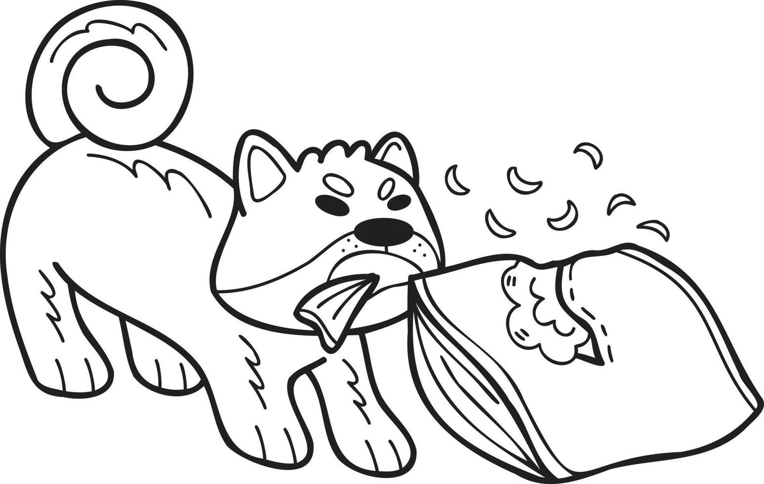 dibujado a mano shiba inu perro mordiendo almohada ilustración en estilo doodle vector