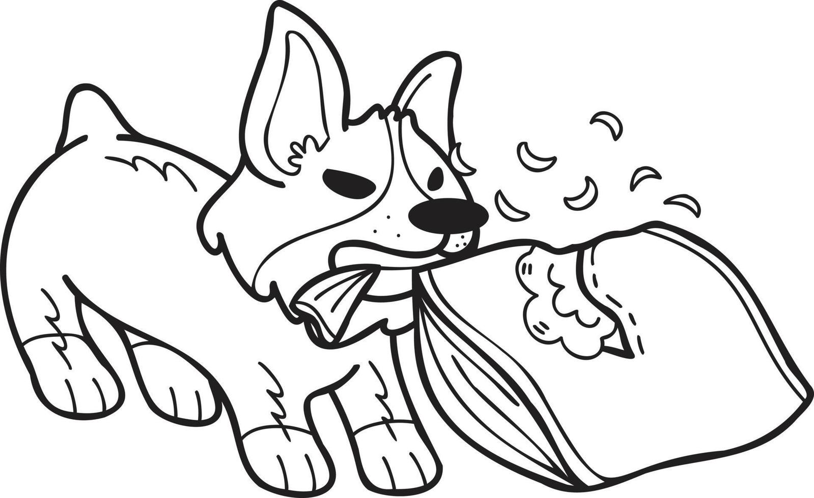 dibujado a mano perro corgi mordiendo almohada ilustración en estilo doodle vector