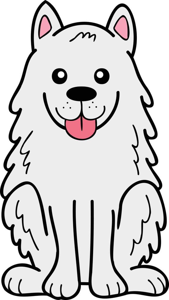 perro samoyedo dibujado a mano sentado esperando la ilustración del propietario en estilo garabato vector