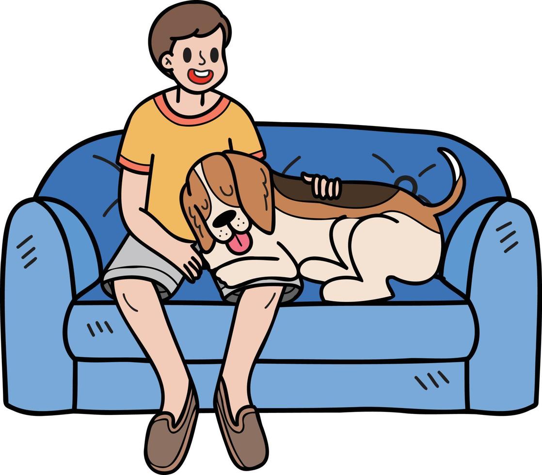 perro beagle dibujado a mano con dueño e ilustración de sofá en estilo garabato vector