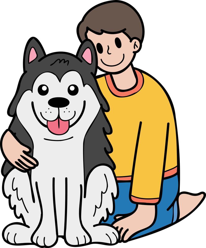 Hand Drawn owner hugs husky Dog illustration in doodle style vector