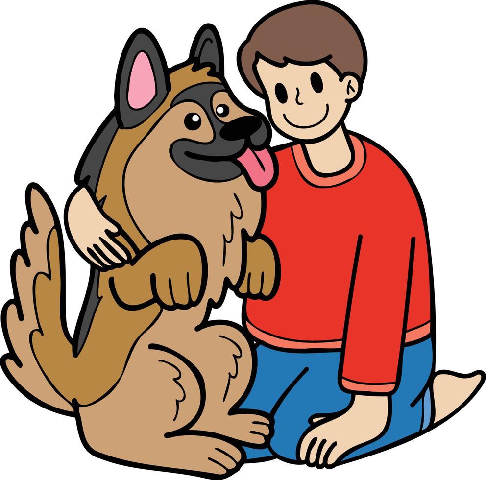 Hand Drawn owner hugs German Shepherd Dog illustration in doodle style vector