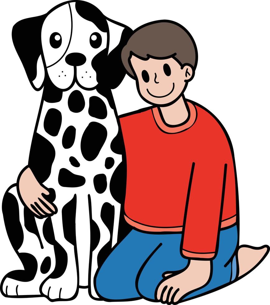 el dueño dibujado a mano abraza la ilustración del perro dálmata en estilo garabato vector