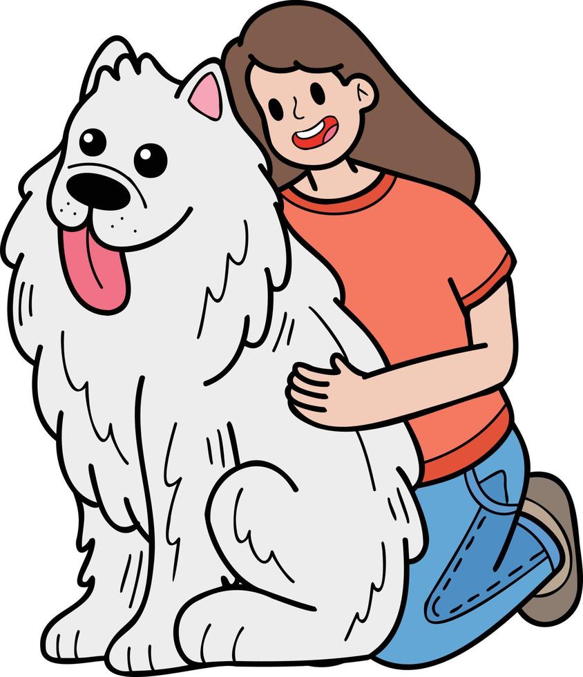 Hand Drawn Samoyed Dog hugged by owner illustration in doodle style vector