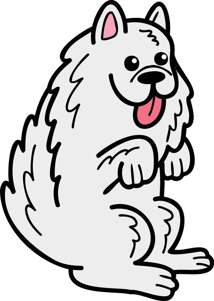 dibujado a mano perro samoyedo mendigando ilustración del propietario en estilo garabato vector