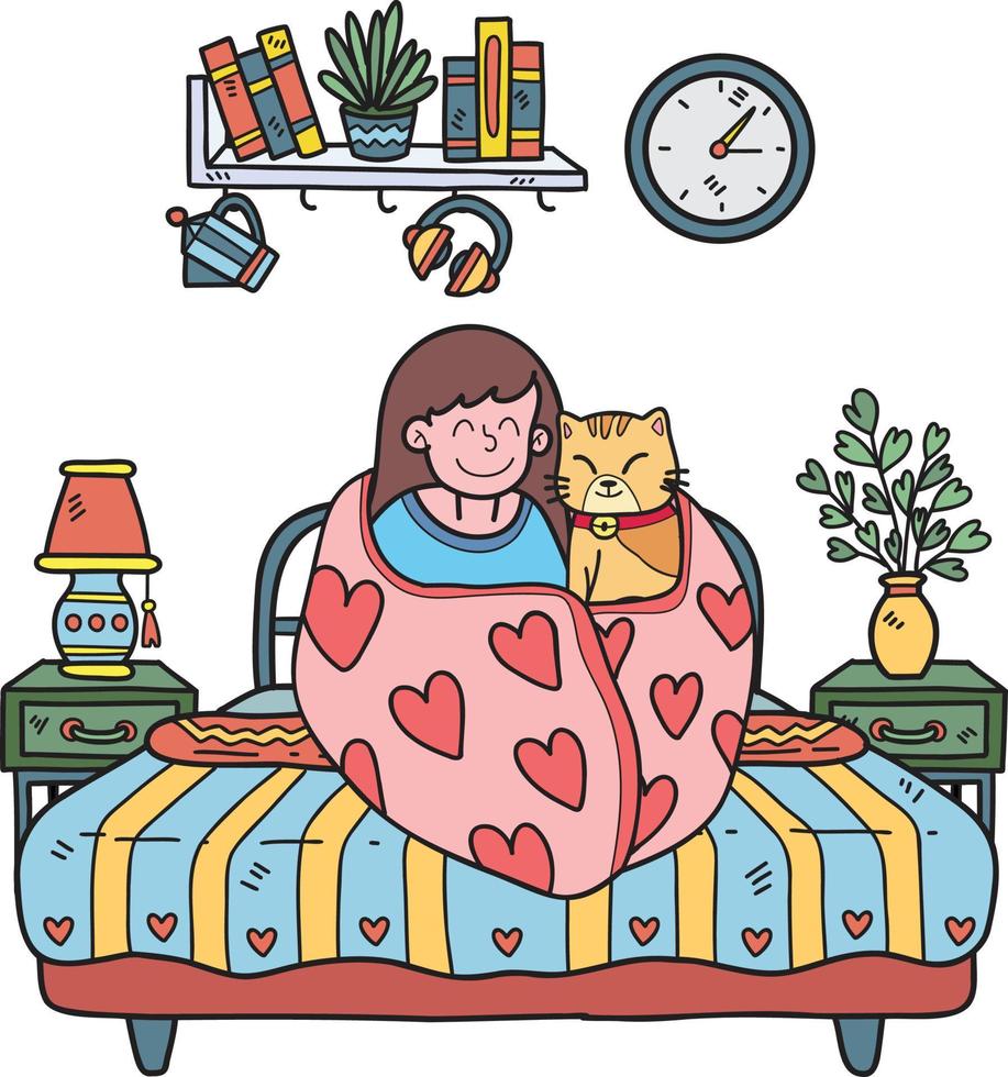 Hand Drawn The owner sits hugging the cat in the blanket in the bedroom illustration in doodle style vector