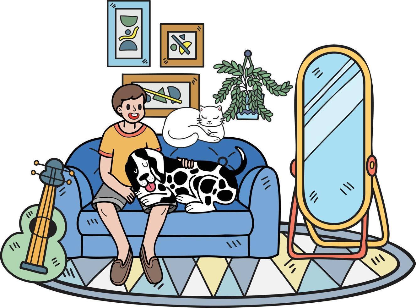 Hand Drawn The owner hugs the dog and catin the living room illustration in doodle style vector