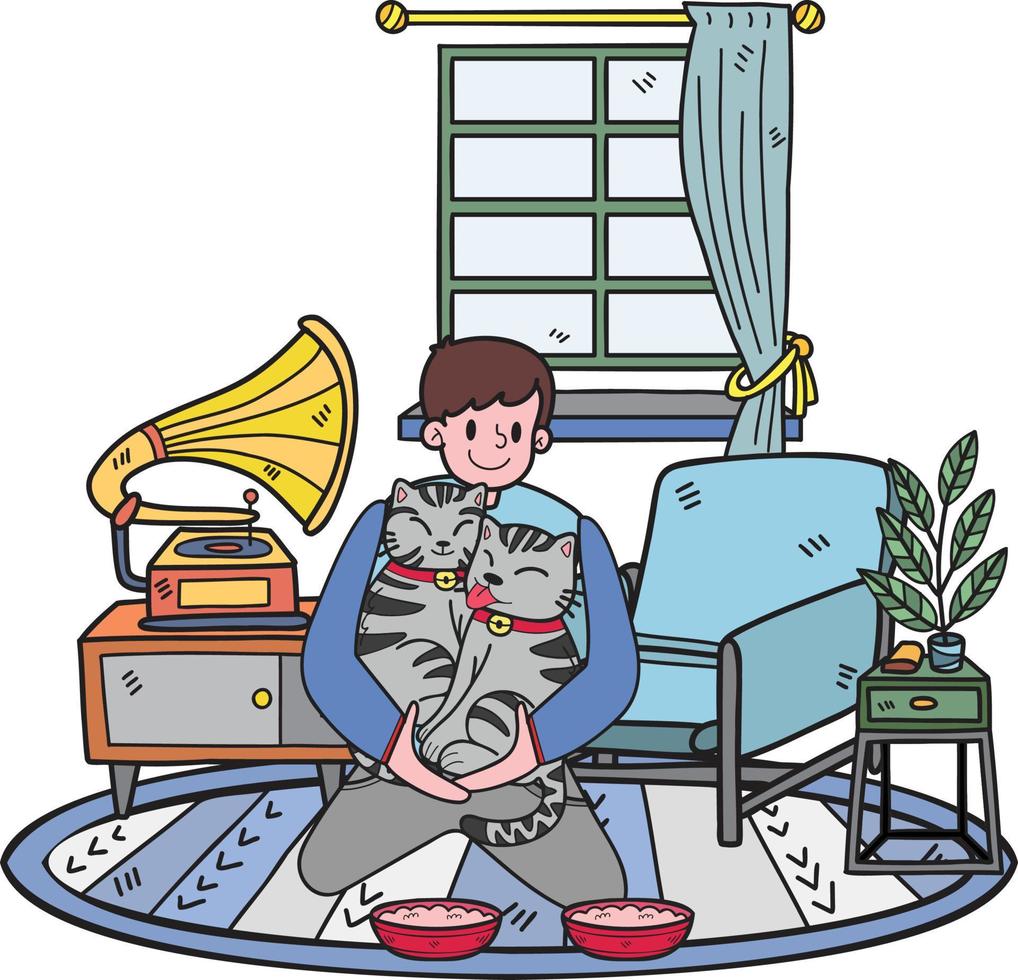 Hand Drawn The owner feeds the cats in the room illustration in doodle style vector