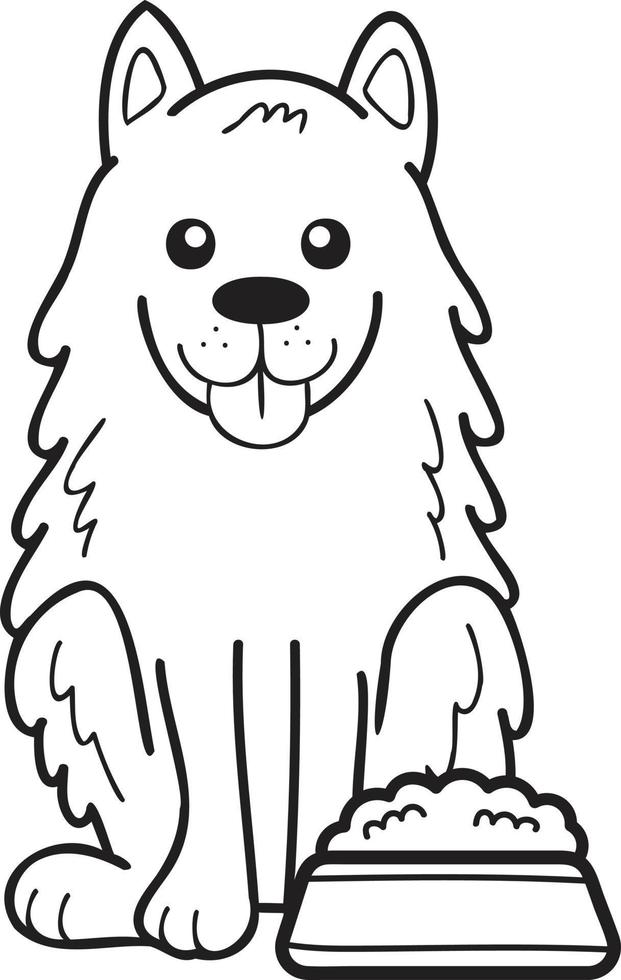 Hand Drawn Samoyed Dog with food illustration in doodle style vector