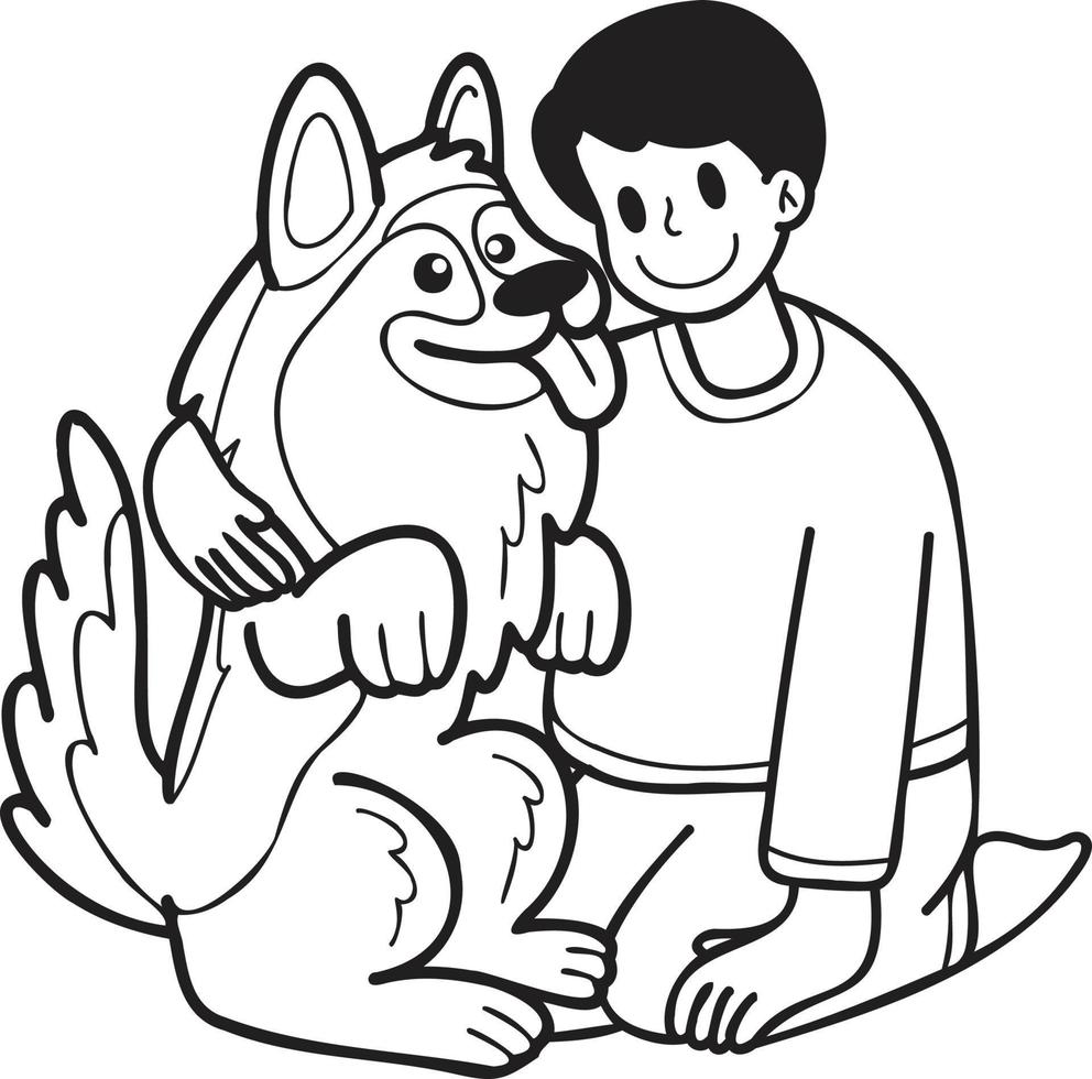 el dueño dibujado a mano abraza la ilustración del perro pastor alemán en estilo garabato vector