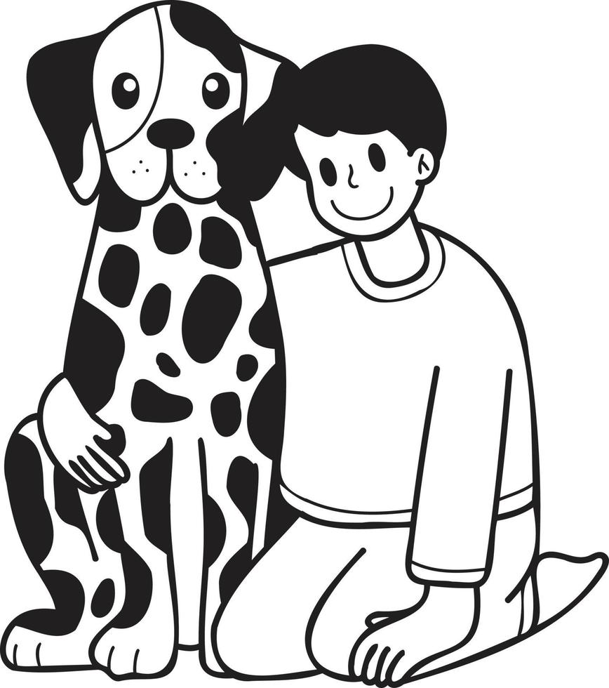 Hand Drawn owner hugs Dalmatian Dog illustration in doodle style vector
