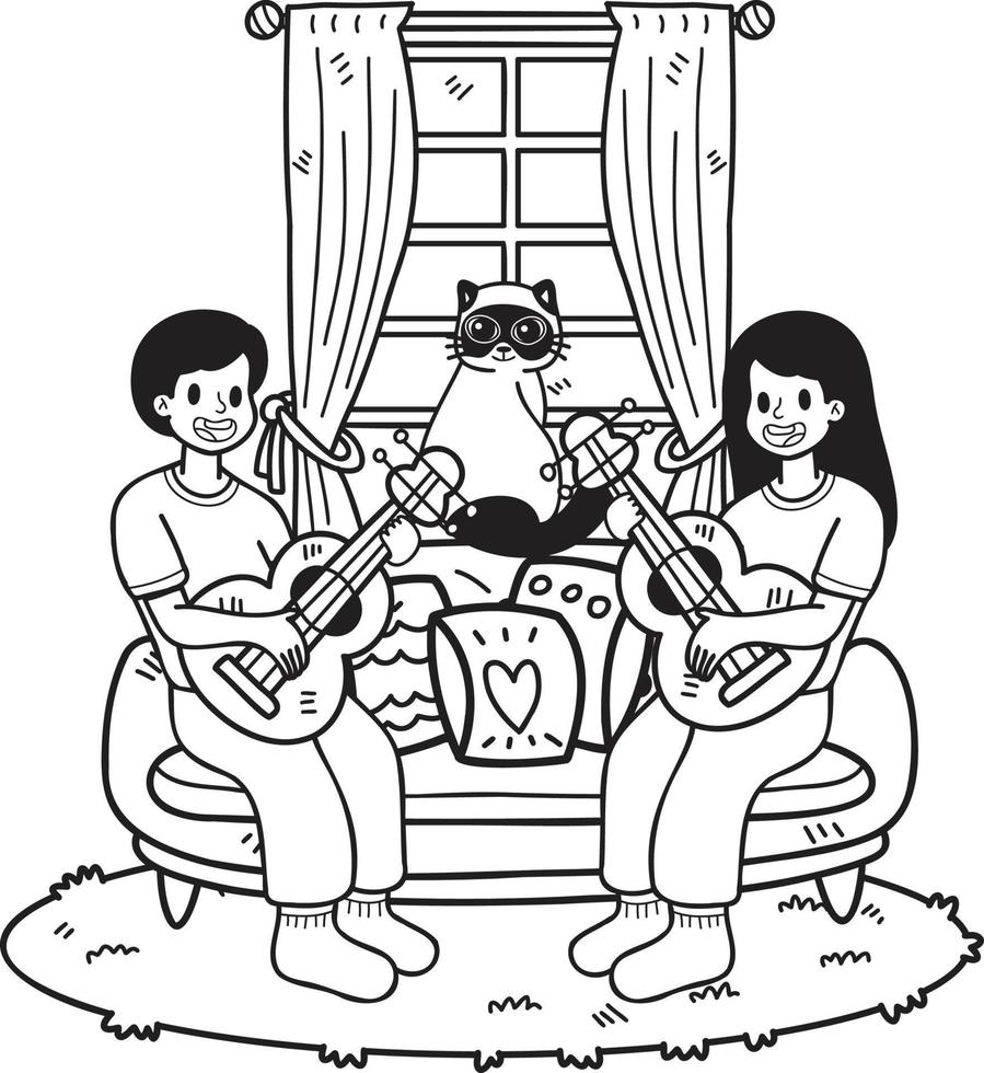 dibujado a mano el dueño toca la guitarra con el gato en la ilustración de la sala de estar en estilo garabato vector