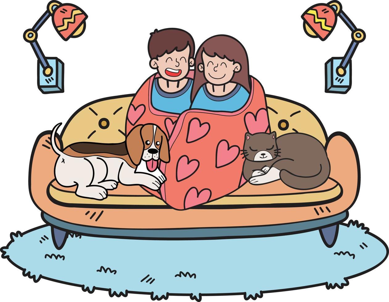 Hand Drawn owners are watching movies in blankets with dogs and cats illustration in doodle style vector
