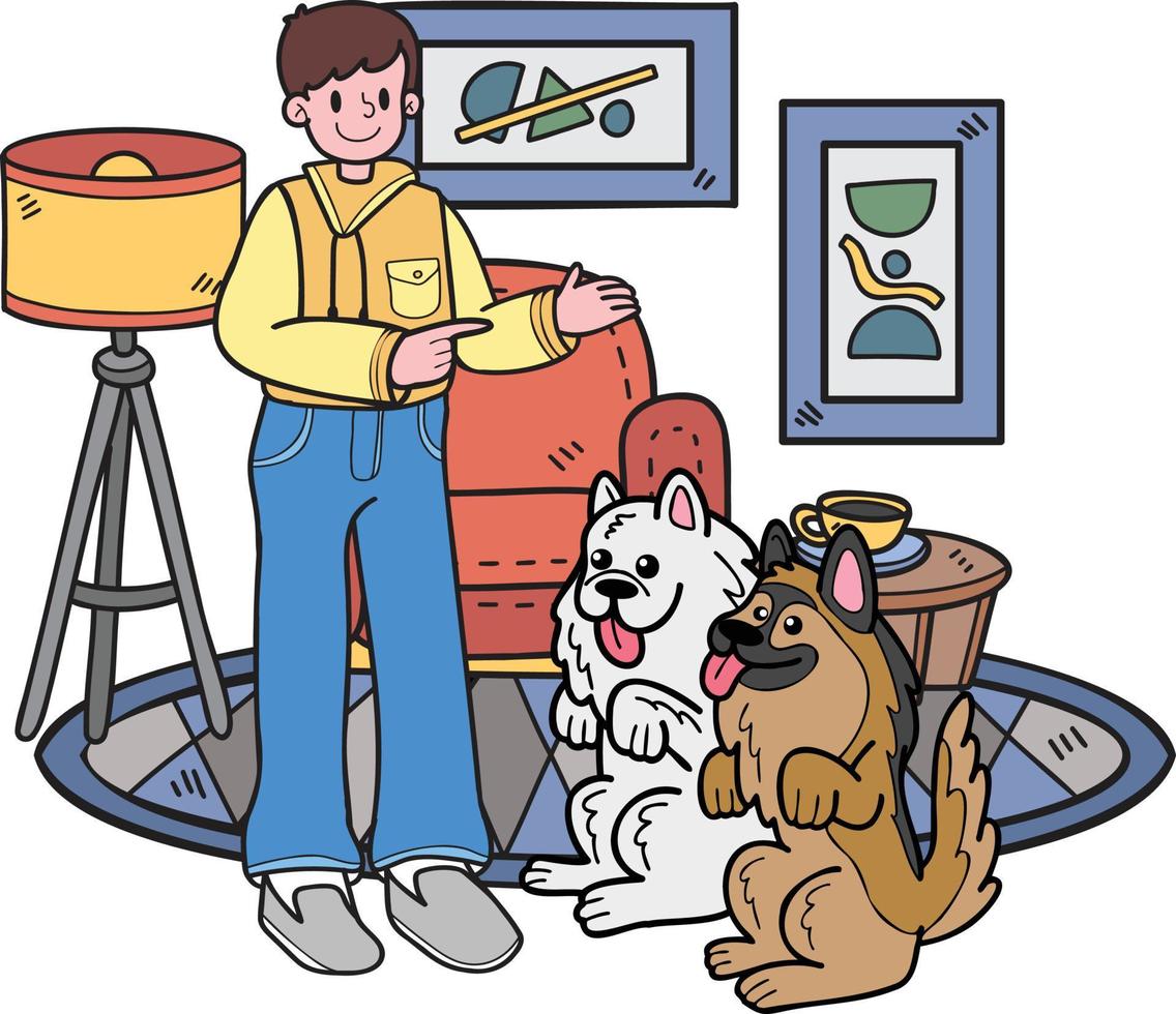 Hand Drawn dog is being trained by owner illustration in doodle style vector