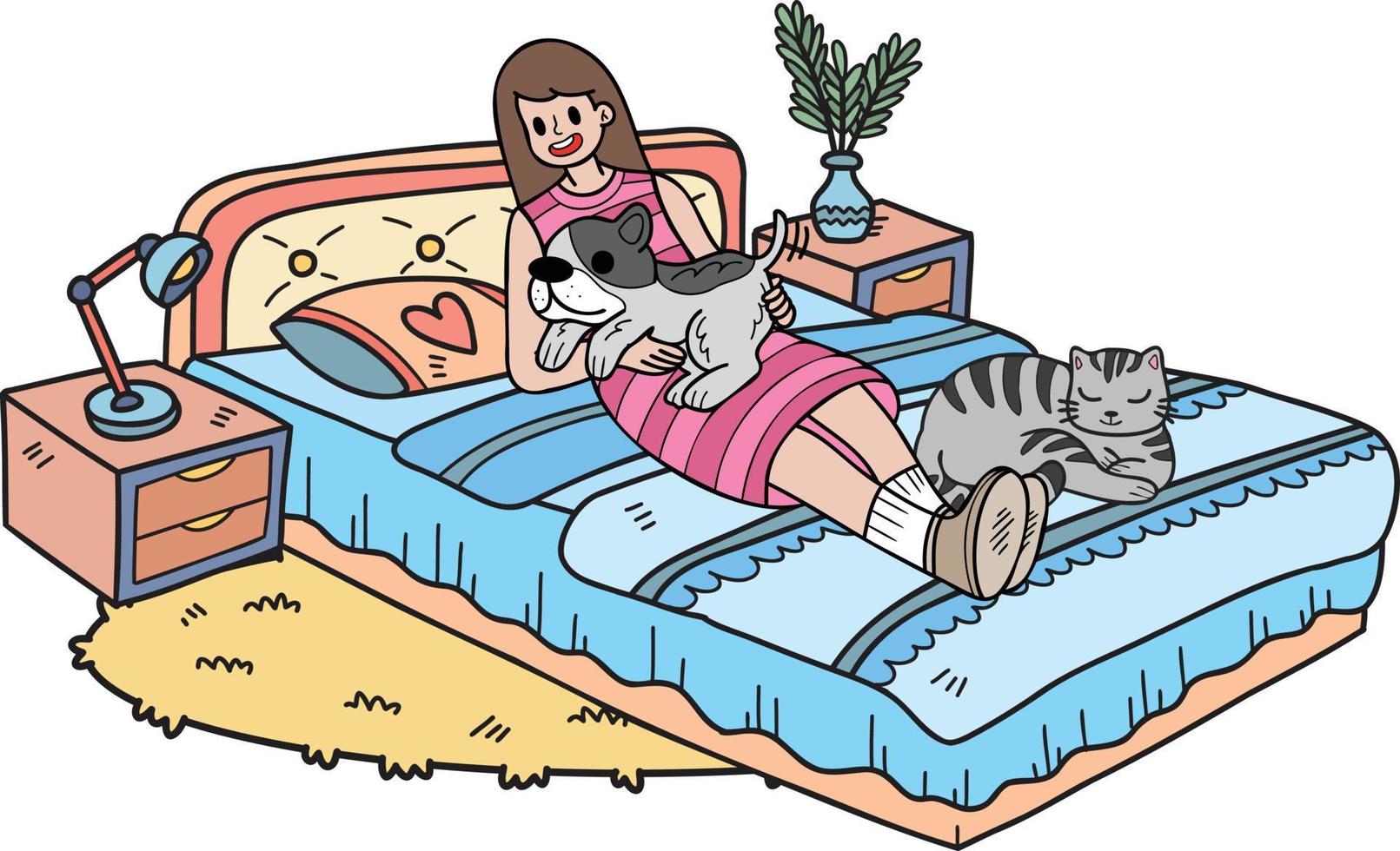 el dueño dibujado a mano está durmiendo con el perro y el gato en la ilustración de la habitación en estilo garabato vector