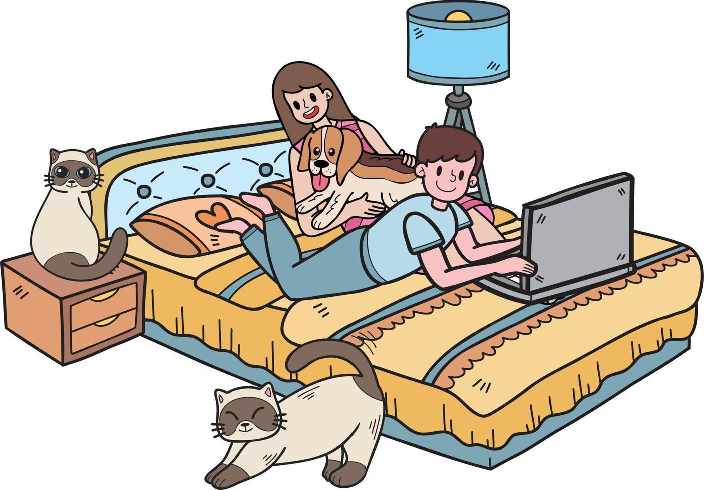 Hand Drawn Owner working on laptop with dog and cat in bedroom illustration in doodle style vector
