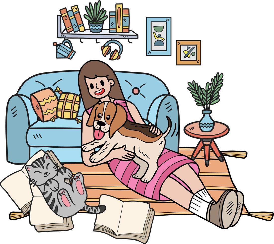 Hand Drawn The owner hugs the dog and catin the living room illustration in doodle style vector