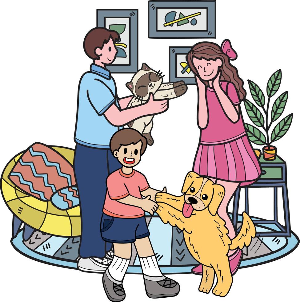 Hand Drawn Family playing with dog and cat in living room illustration in doodle style vector