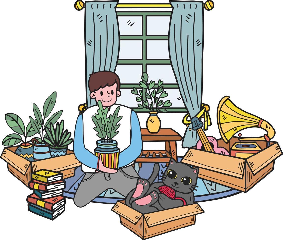 Hand Drawn The owner arranges a new house with cats illustration in doodle style vector