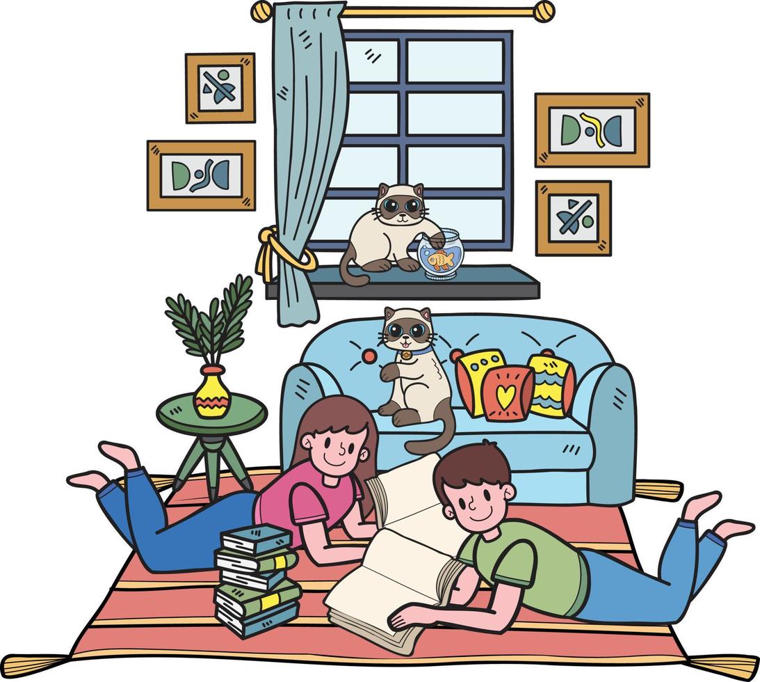 Hand Drawn The owner reads a book with the cat in the living room illustration in doodle style vector