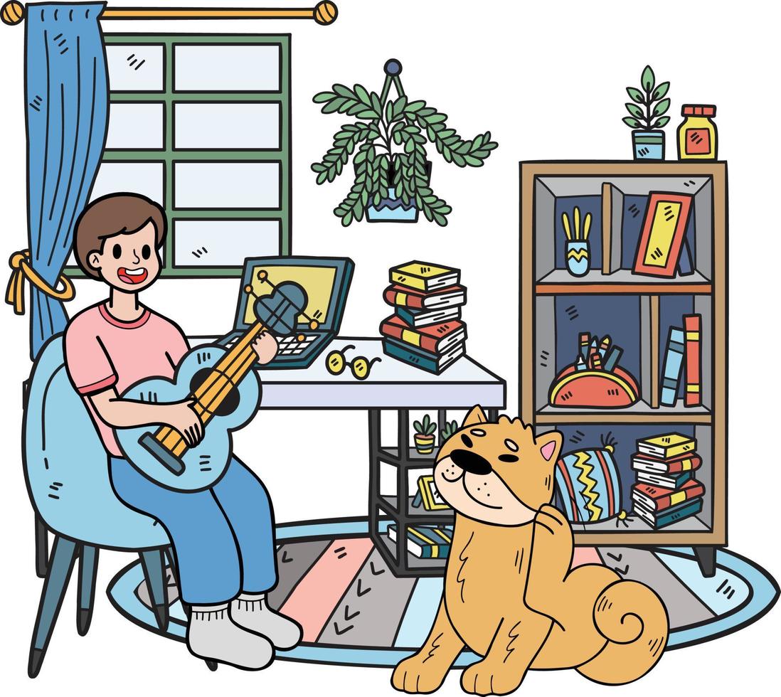 Hand Drawn The owner plays guitar with the dog in the room illustration in doodle style vector