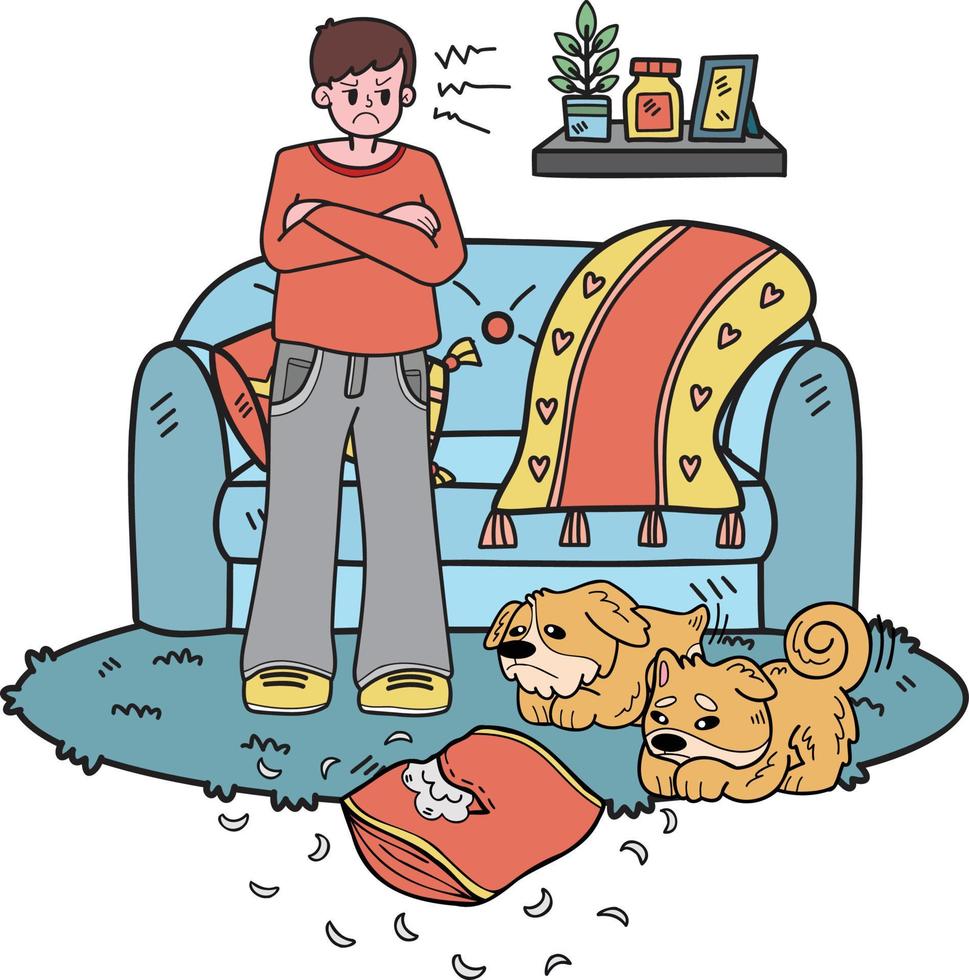 Hand Drawn owner is angry dog messed up the room illustration in doodle style vector