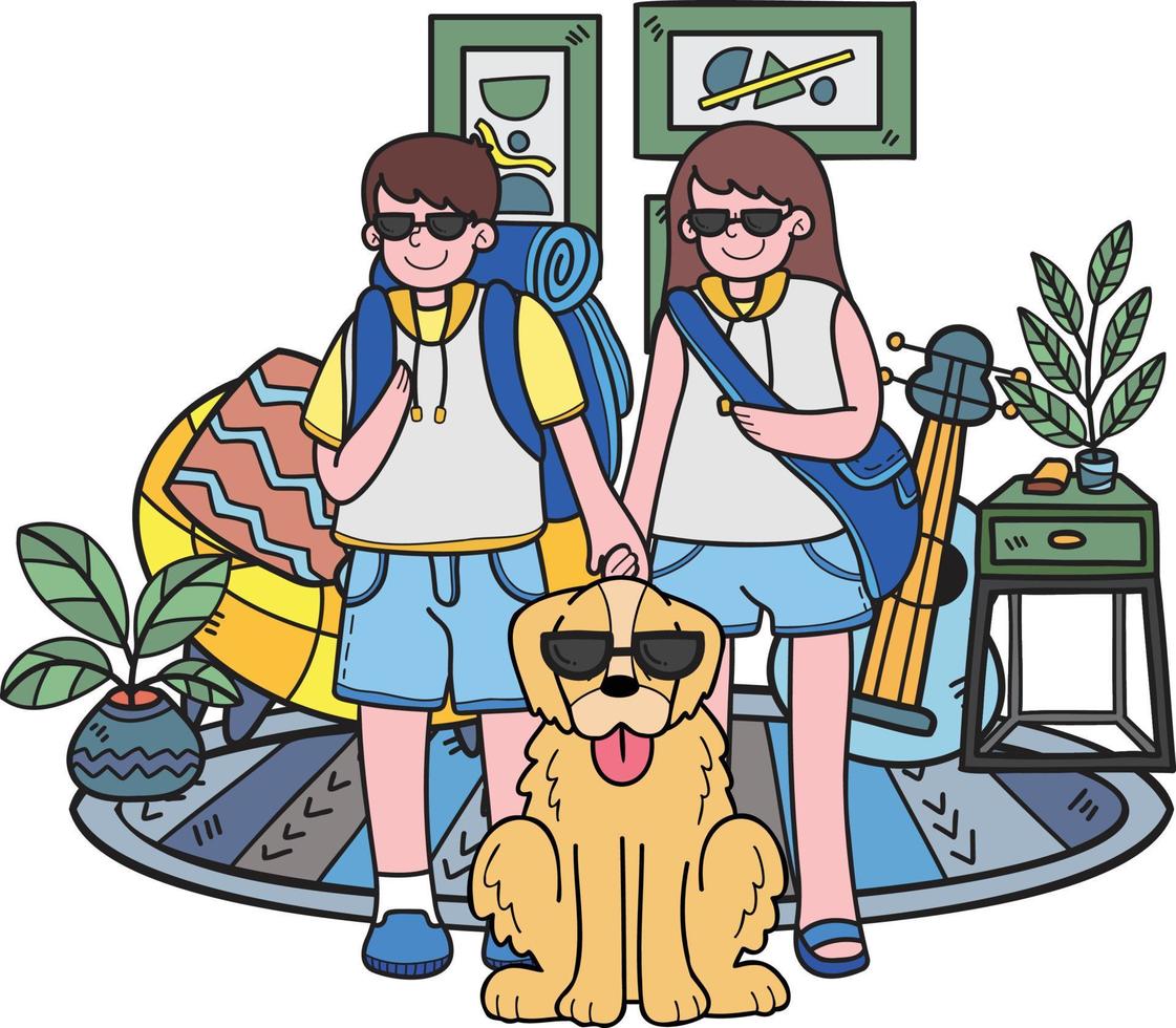 Hand Drawn owner is traveling with Golden retriever Dog illustration in doodle style vector