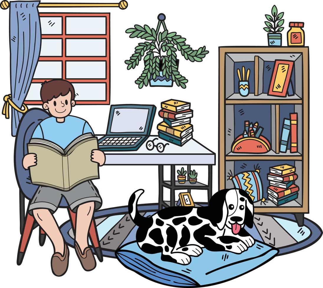 Hand Drawn owner reads a book with the dog in the room illustration in doodle style vector