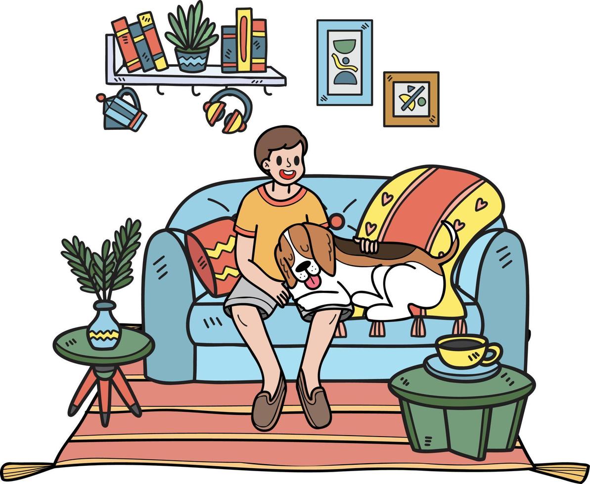 Hand Drawn owner and dog are sleeping in the room illustration in doodle style vector