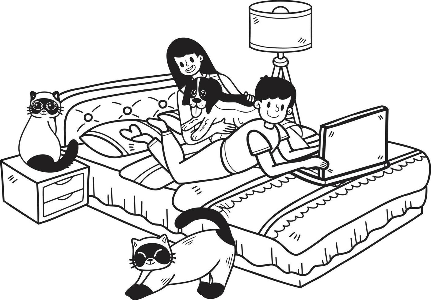 Hand Drawn Owner working on laptop with dog and cat in bedroom illustration in doodle style vector