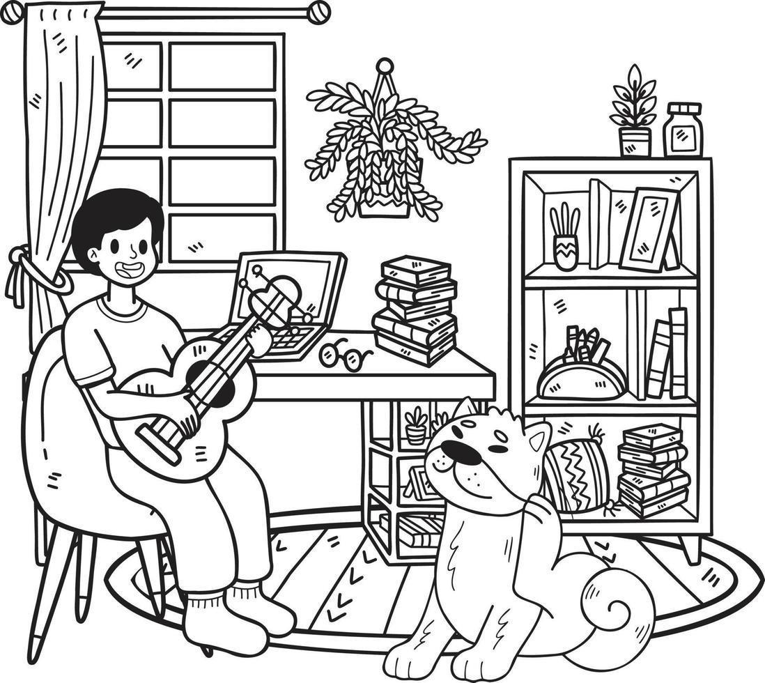 dibujado a mano el dueño toca la guitarra con el perro en la ilustración de la habitación en estilo garabato vector
