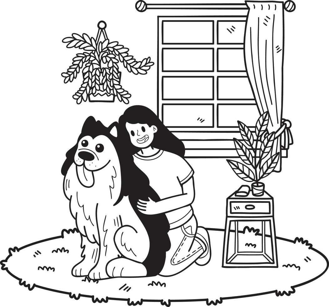 Hand Drawn The owner hugged the dog in the room illustration in doodle style vector