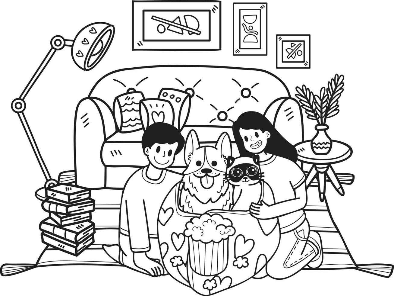 Hand Drawn owners are watching movies in blankets with dogs and cats illustration in doodle style vector