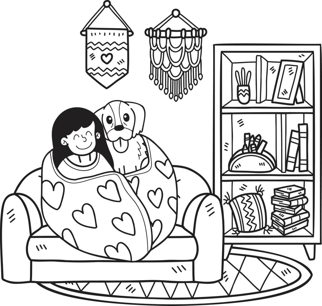 Hand Drawn The owner hugged the dog in the room illustration in doodle style vector