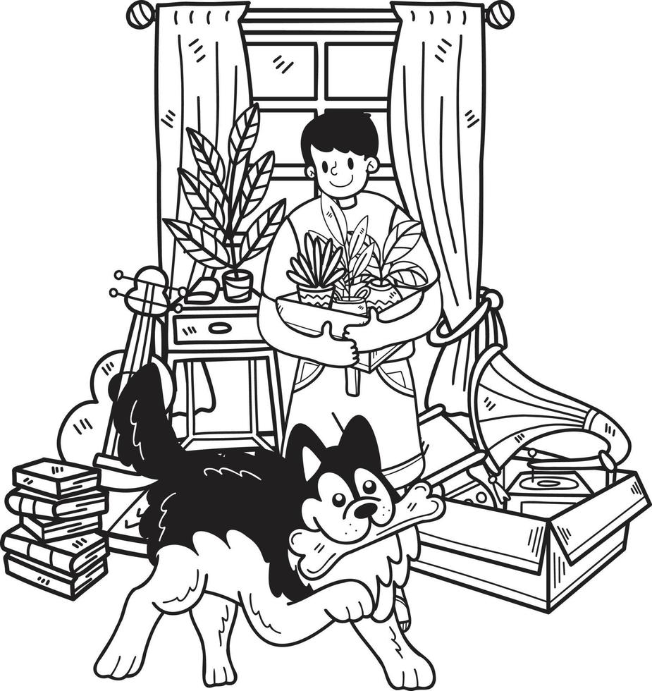 Hand Drawn Owner and husky Dog moving into a new home illustration in doodle style vector