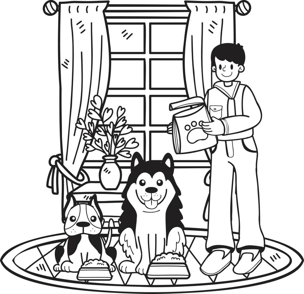 Hand Drawn male owner Feeding the dog in the room illustration in doodle style vector